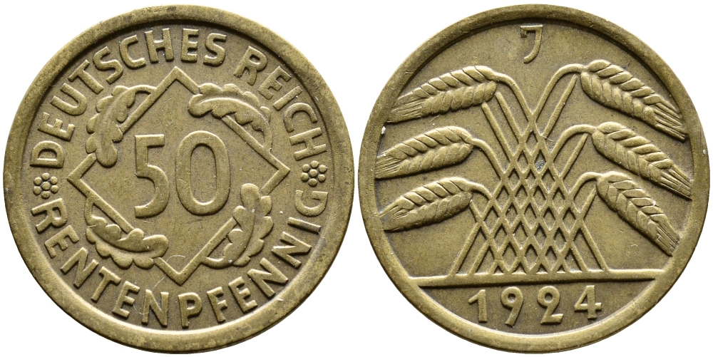 Германия 50 рентенпфеннигов 1924 J KM 34, J. 310 алюминиевая бронза 413-3723