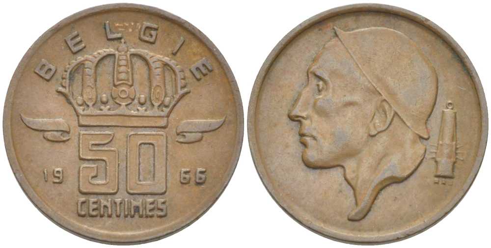 БЕЛЬГИЯ 50 САНТИМОВ 1966 BELGIE, БОДУЭН I (1951-1993) KM 149.1 бронза 214-169