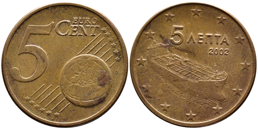 ГРЕЦИЯ 5 ЕВРОЦЕНТОВ 2002 KM 183 сталь плакированная медью 4390-1141