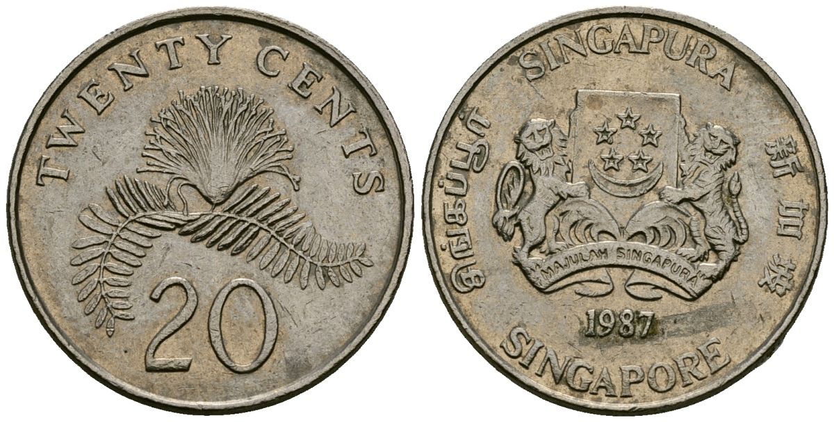 Сингапур 20 центов 1987 KM 52 медно-никель 4167-956