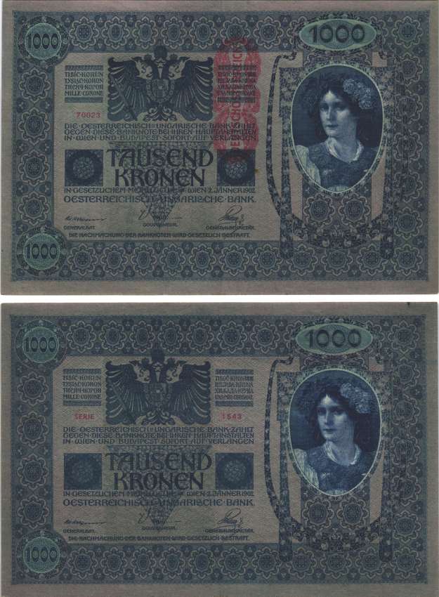 АВСТРИЯ 1000 КРОН 1919 КРАСНАЯ ВЕРТИКАЛЬНАЯ НАДПЕЧАТКА НА 1902 Pick 59 бумага XF 2192-89-1