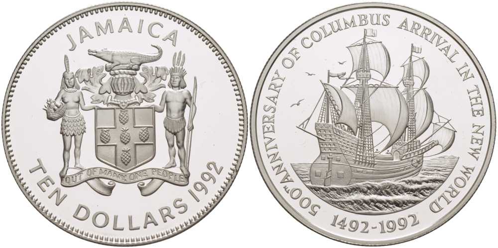 ЯМАЙКА 10 ДОЛЛАРОВ 1992 500-ЛЕТИЕ ПРИБЫТИЮ КОЛУМБА В НОВЫЙ СВЕТ (1492-1992), ПАРУСНИК, ТИРАЖ 5500 ЭКЗ., ПРОБА 925, ВЕС 22,45 ГР. KM 152 серебро PROOF 1080-8-42