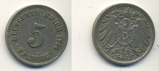 ГЕРМАНИЯ 5 ПФЕННИГОВ 1914 F, KM 11, J. 12 медно-никель 54-552