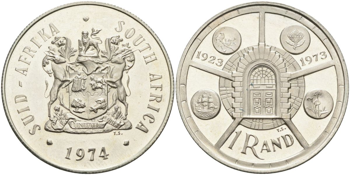 ЮАР 1 ранд 1974 50 лет монетному двору в Претории KM 89 серебро PROOF 1096-1-71