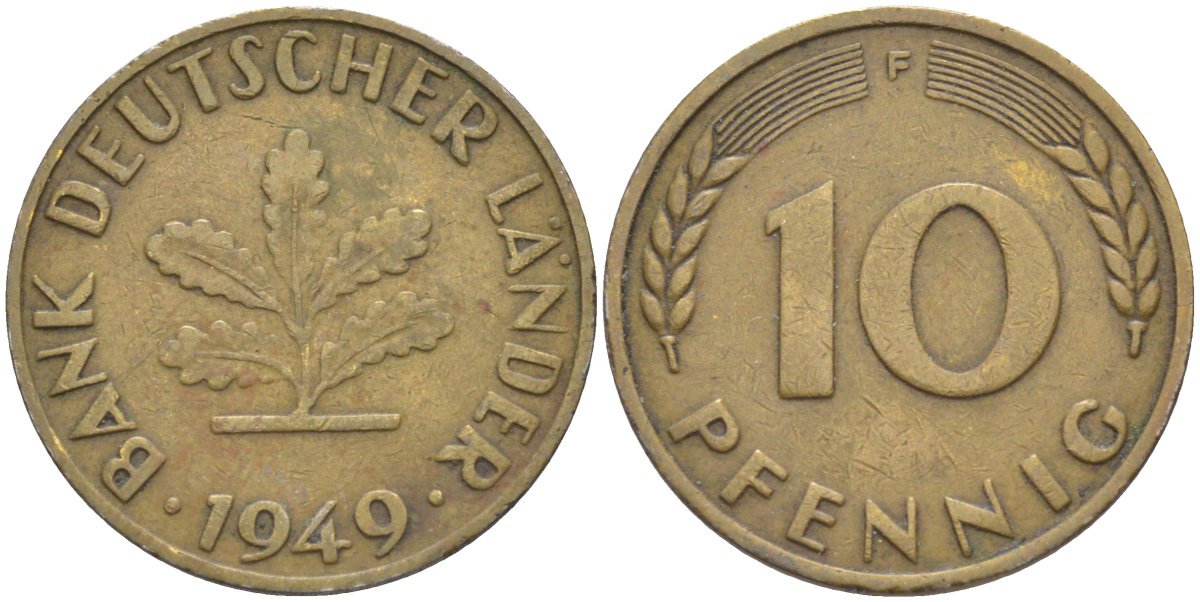 ФРГ 10 пфеннигов 1949 F KM 103, J.378 сталь плакированная латунью 219-1045