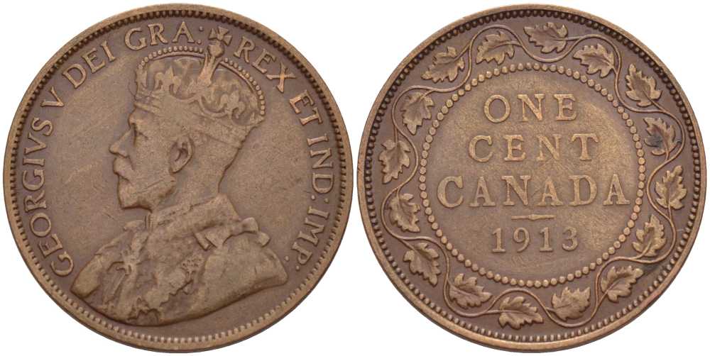 Канада 1 цент 1913 Георг V (1910-1936), большой формат KM 21 бронза 117-925