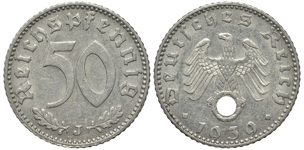 Германия 50 рейхспфеннигов 1939 J цена по каталогу МТ 110 евро J. 372, KM 96 алюминий aUNC 413-4611