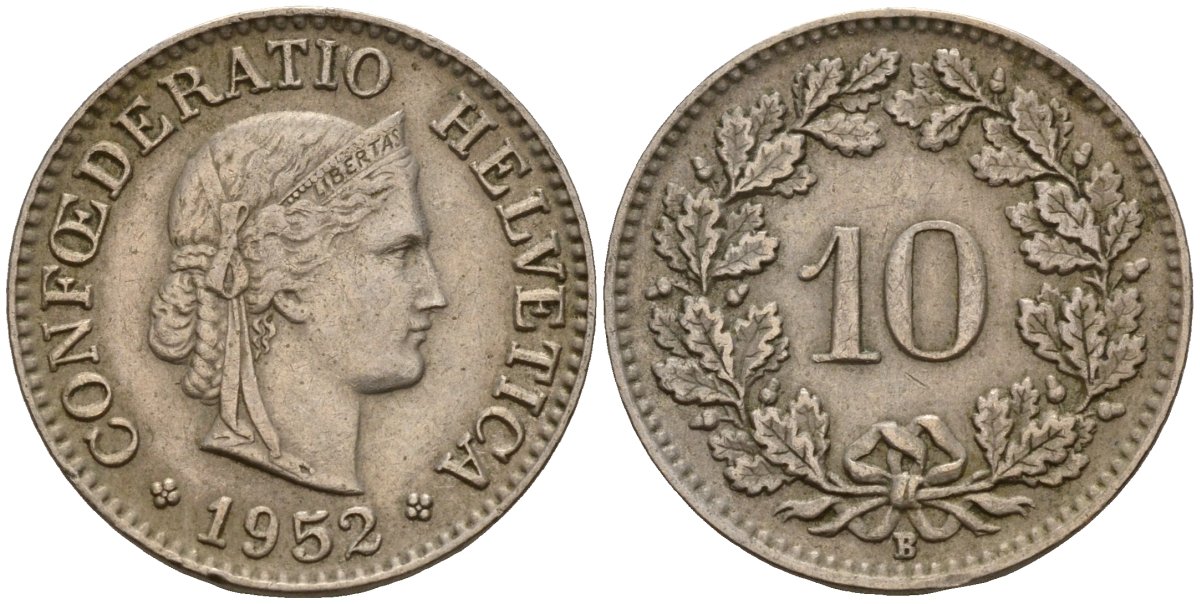 Швейцария 10 раппенов 1952 B KM 27 медно-никель 4189-346