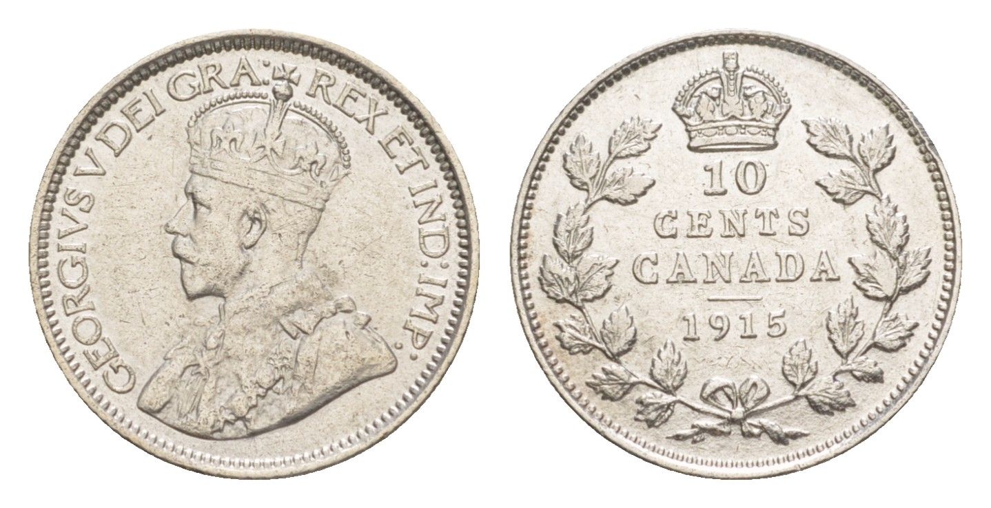 Канада 10 центов 1915 Георг V (1910-1936), самый редкий год типажа, тираж - 688.057 экземпляров KM 23 серебро 1527-645