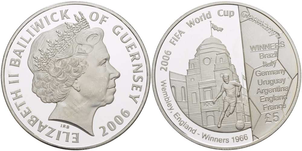 Гернси 5 фунтов 2006 FIFA, XVIII чемпионат мира по футболу в Германии 2006 года KM 173 серебро PROOF 1074-4-53