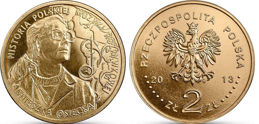 Польша 2 злотых 2013 MW, история польской музыки, Агнешка Осецкая KM 883 нордик UNC 4514-615