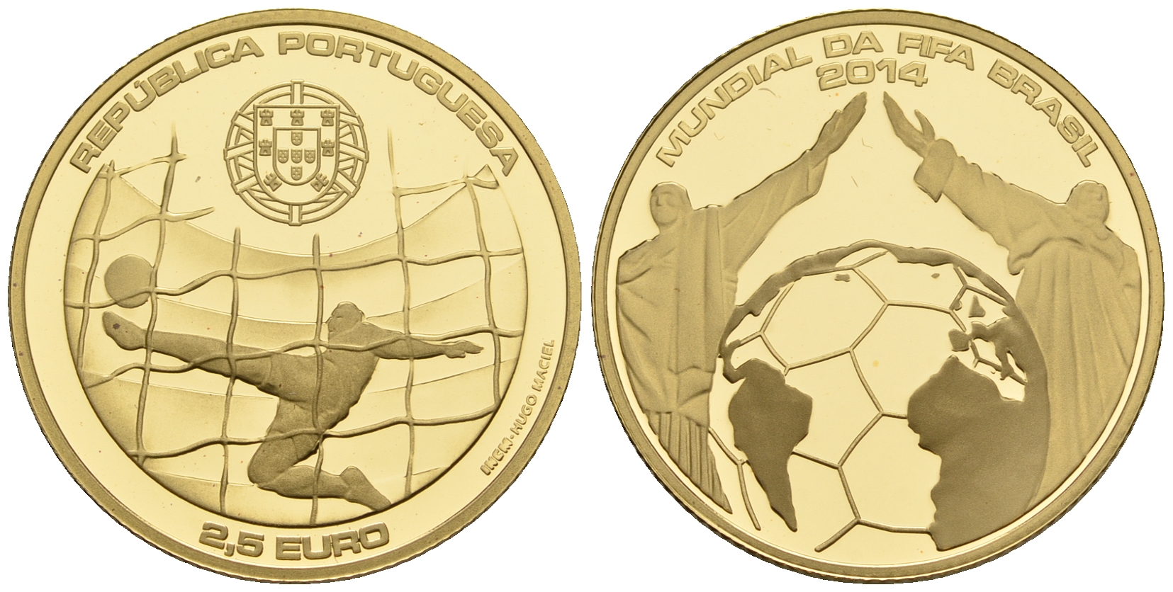Португалия 2 1/2 евро 2014 чемпионат мира по футболу в Бразилии KM KM 840 b золото PROOF 00-812-30