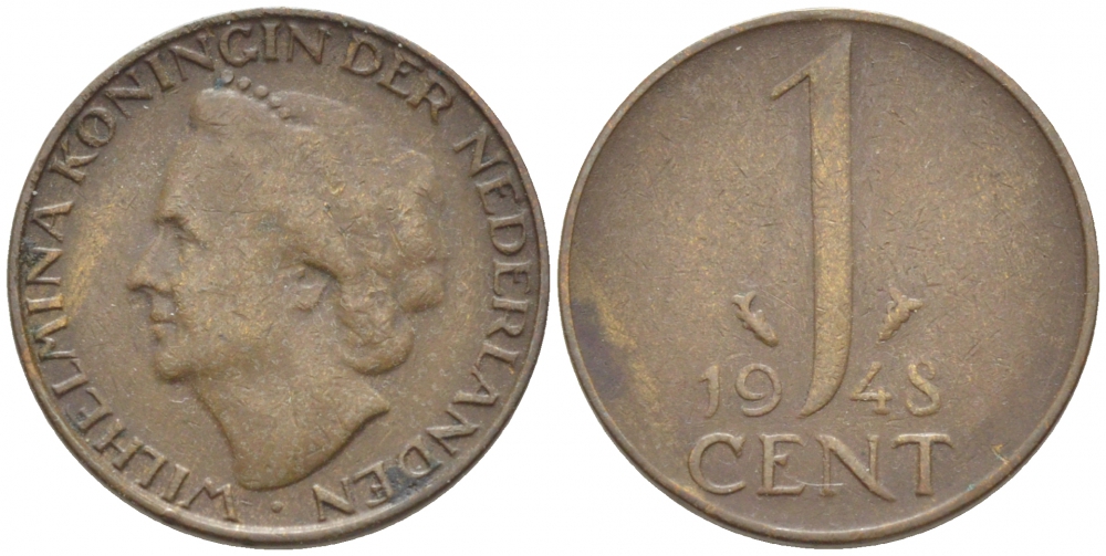 Нидерланды 1 цент 1948 Вильгельмина (1890-1948), год тип KM 175 бронза 112-322
