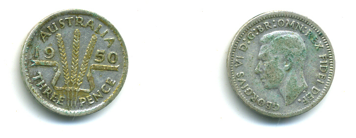 Австралия 3 пенса 1950 m, Георг VI (1937-1952), без букв KM 44 серебро 46-633