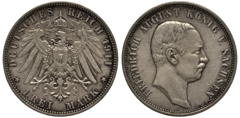 Саксония 3 марки 1911 E, Фридрих Август III (1904-1918) Weege 132, J. 135, KM 1267 серебро 3711-1342