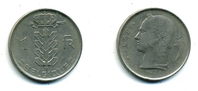 БЕЛЬГИЯ 1 ФРАНК 1952 BELGIQUE KM 142.1 медно-никель 25-1412