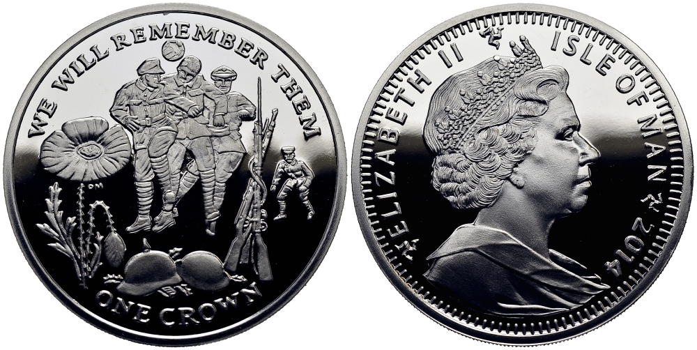 Остров Мэн 1 крона 2014 в память героев первой мировой войны, игра в футбол KM NEW серебро PROOF 1071-3-63