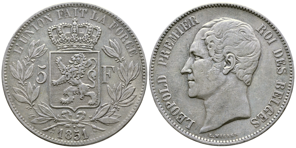 Бельгия 5 франков 1851 Леопольд I (1831-1865), точка над датой KM 17 серебро 00-1067-3-61