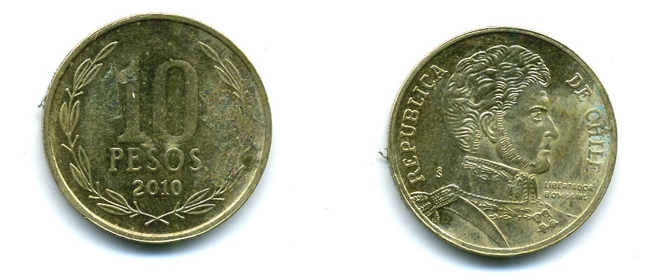 ЧИЛИ 10 ПЕСО 2010 ГЕНЕРАЛ БЕРНАРДО О ХИГГИНС KM 228.2 никель-бронза 37-1021