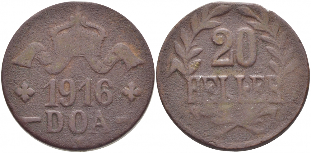 Немецкая Восточная Африка (Танзания) 20 геллеров 1916 T, Ost-Africa, большая корона, первая буква L не полная Jaeger 724 a, KM 15, WK 24 b медь 5010-611