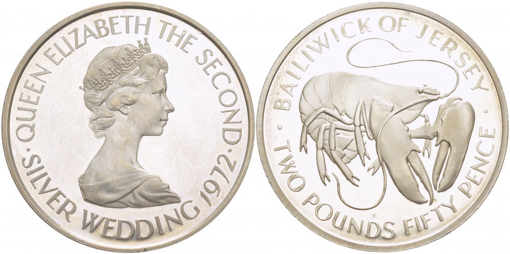 ДЖЕРСИ 2 ФУНТА 50 ПЕНСОВ 1972 25 ЛЕТ СВАДЬБЫ, ЕВРОПЕЙСКИЙ ЛОБСТЕР KM 38 серебро PROOF 04-136-13