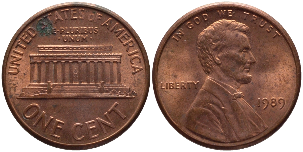 США 1 цент 1989 Линкольн KM 201b цинк плакированный медью 66-1035