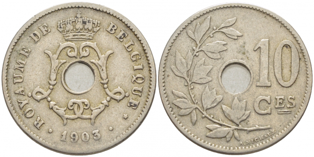 БЕЛЬГИЯ 10 САНТИМОВ 1903 BELGIQUE KM 48 медно-никель 4448-822