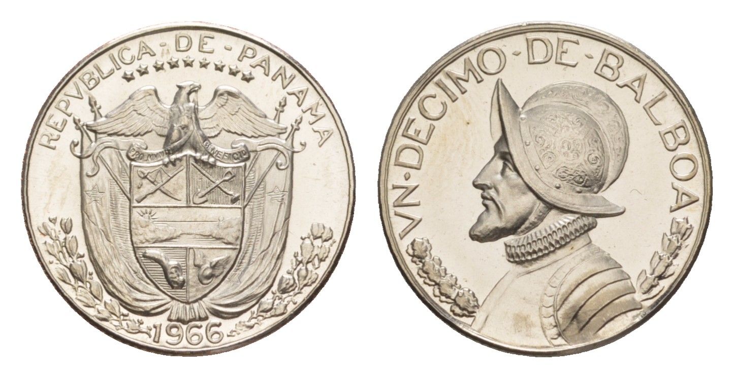 Панама 1/10 бальбоа (10 сентесимо) 1966 тираж 13.000 экземпляров KM 10 медь плакированная медно-никелем PROOF 1524-1231