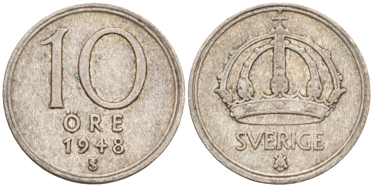 Швеция 10 эре 1948 TS, Густав V (1907-1950) KM 813 серебро 4147-854