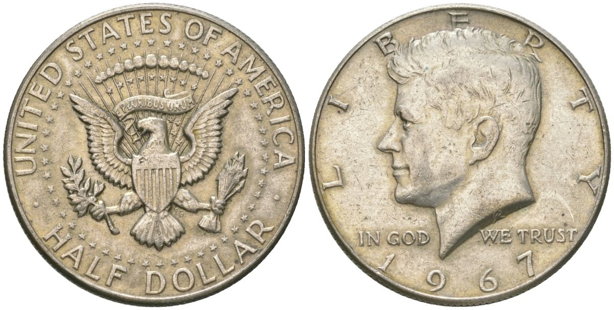 США 1/2 доллара (50 центов) 1967 Джон Кеннеди KM 202a серебро 221-1023