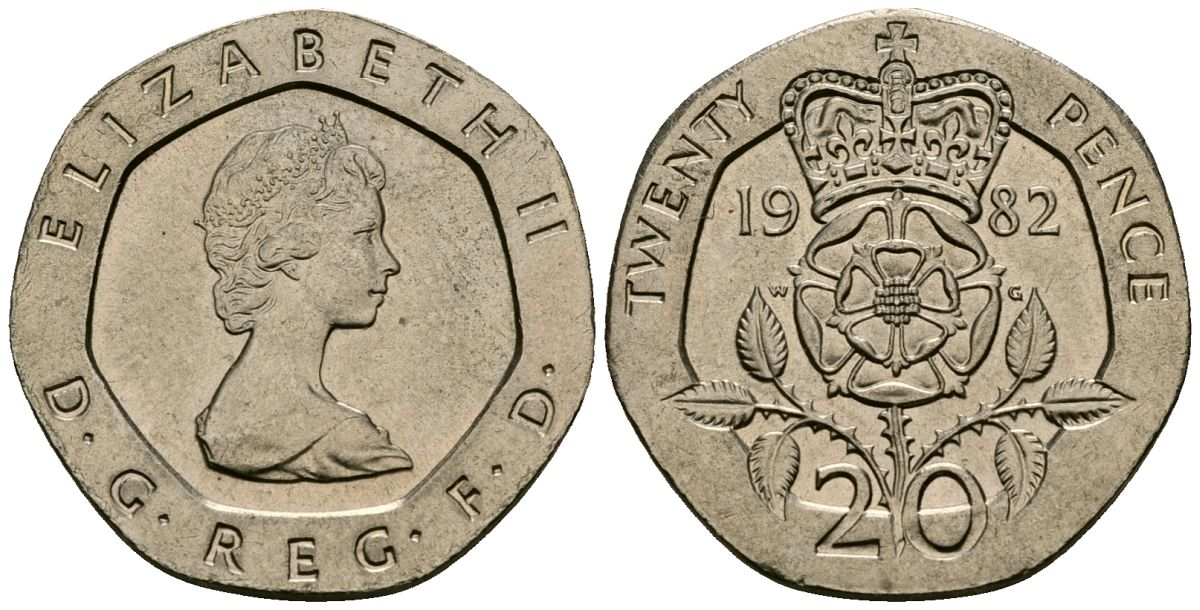 Великобритания 20 пенсов 1982 Елизавета II (1952-2022) KM 931, Spink 4230 (G1) медно-никель 4538-242