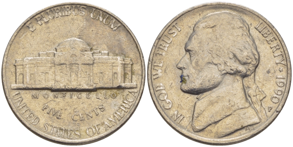 США 5 ЦЕНТОВ 1990 Р, ДЖЕФФЕРСОН KM А192 медно-никель 31-711