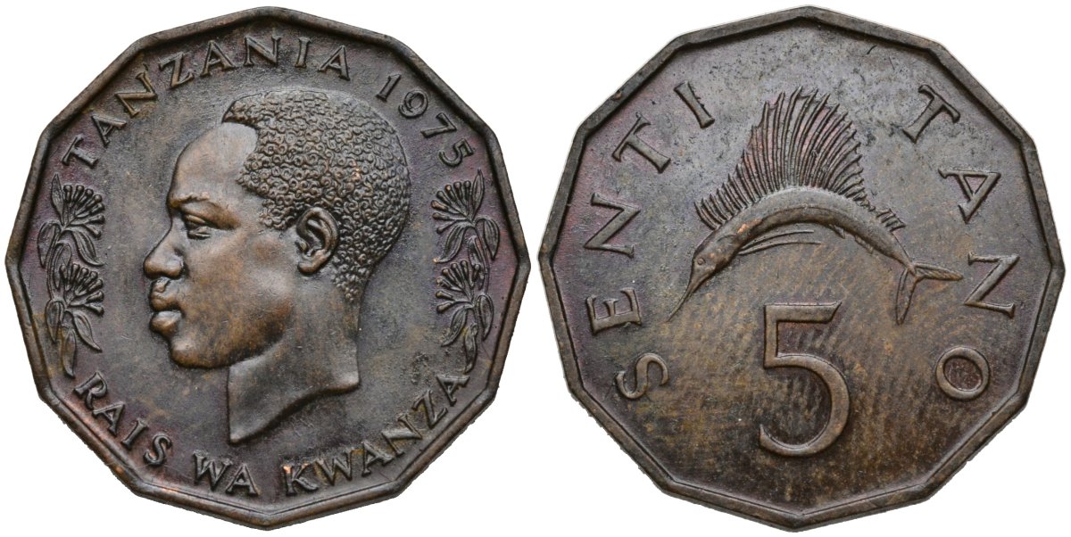 Танзания 5 центов 1975 тунец KM 1 бронза 00-00