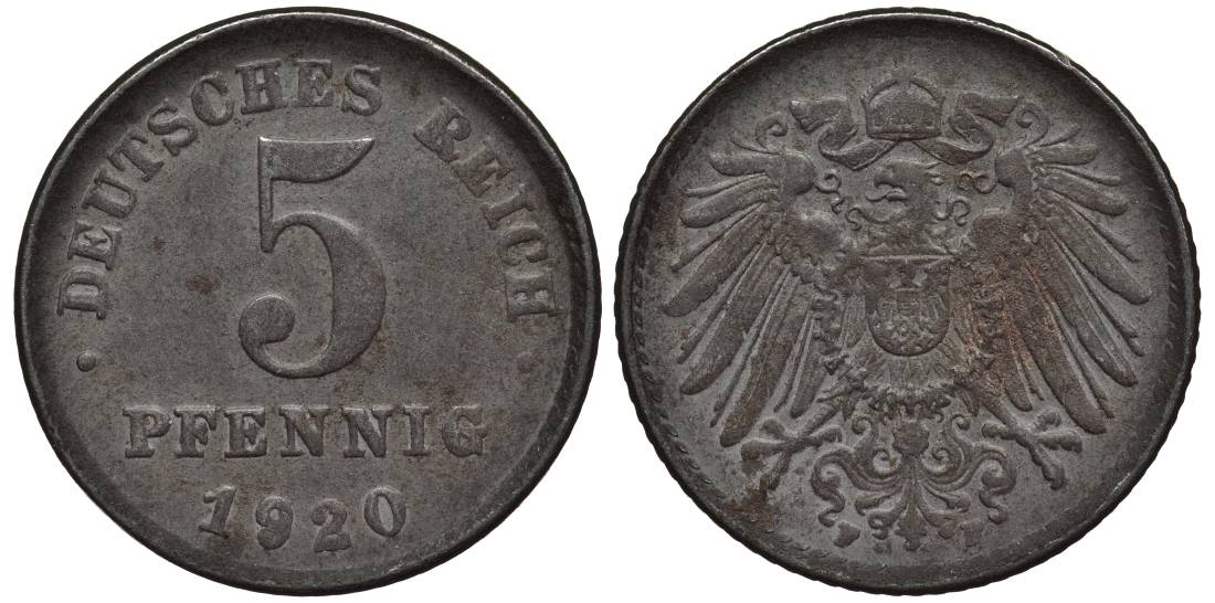 ГЕРМАНИЯ 5 ПФЕННИГОВ 1920 F KM 19, Jager 297, Weege 5 железо 4547-624