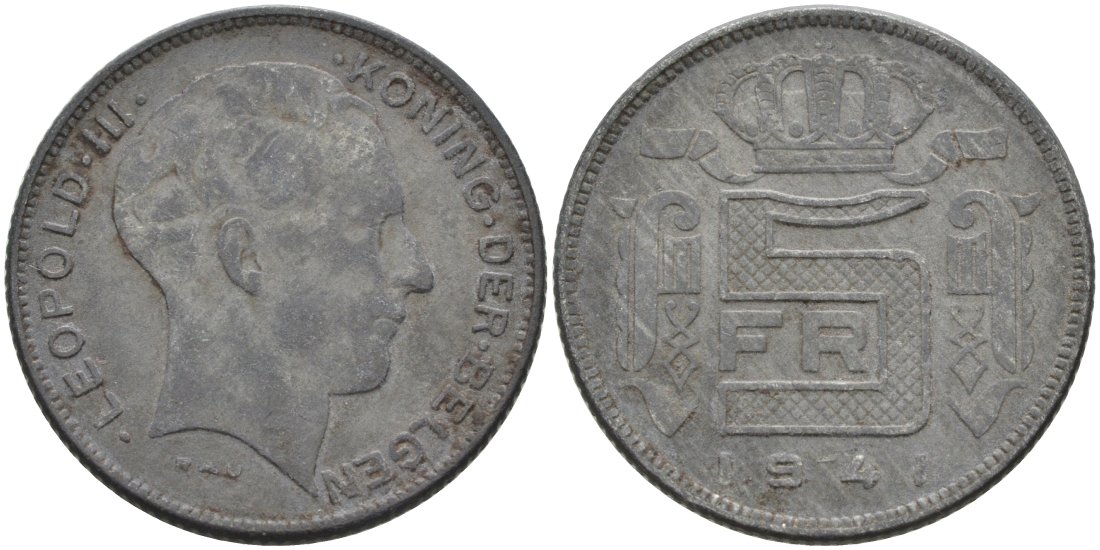 Бельгия 5 франков 1941 Belgen KM 130 цинк 51-1951
