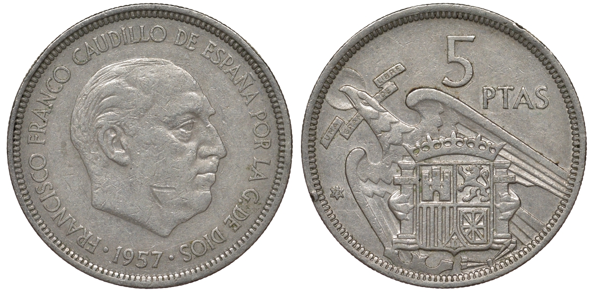 ИСПАНИЯ 5 ПЕСЕТ 1957 (73) ФРАНСИСКО ФРАНКО ДИКТАТОР ИСПАНИИ (1939-1975) KM 786 медно-никель 62-1113