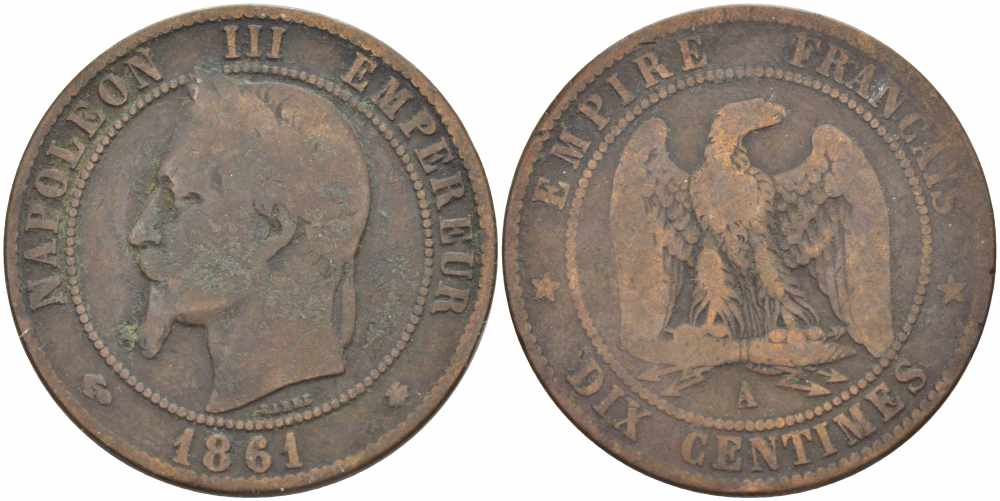 ФРАНЦИЯ 10 САНТИМОВ 1861 A, НАПОЛЕОН III (1852-1870) KM 798.1, LE FRANC 134.2 бронза 4364-4344