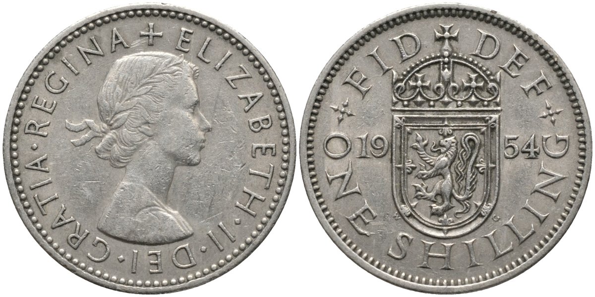 Великобритания 1 шиллинг 1954 Елизавета II (1952-2022), Шотландский герб KM 905, Spink 4148 медно-никель 4171-627
