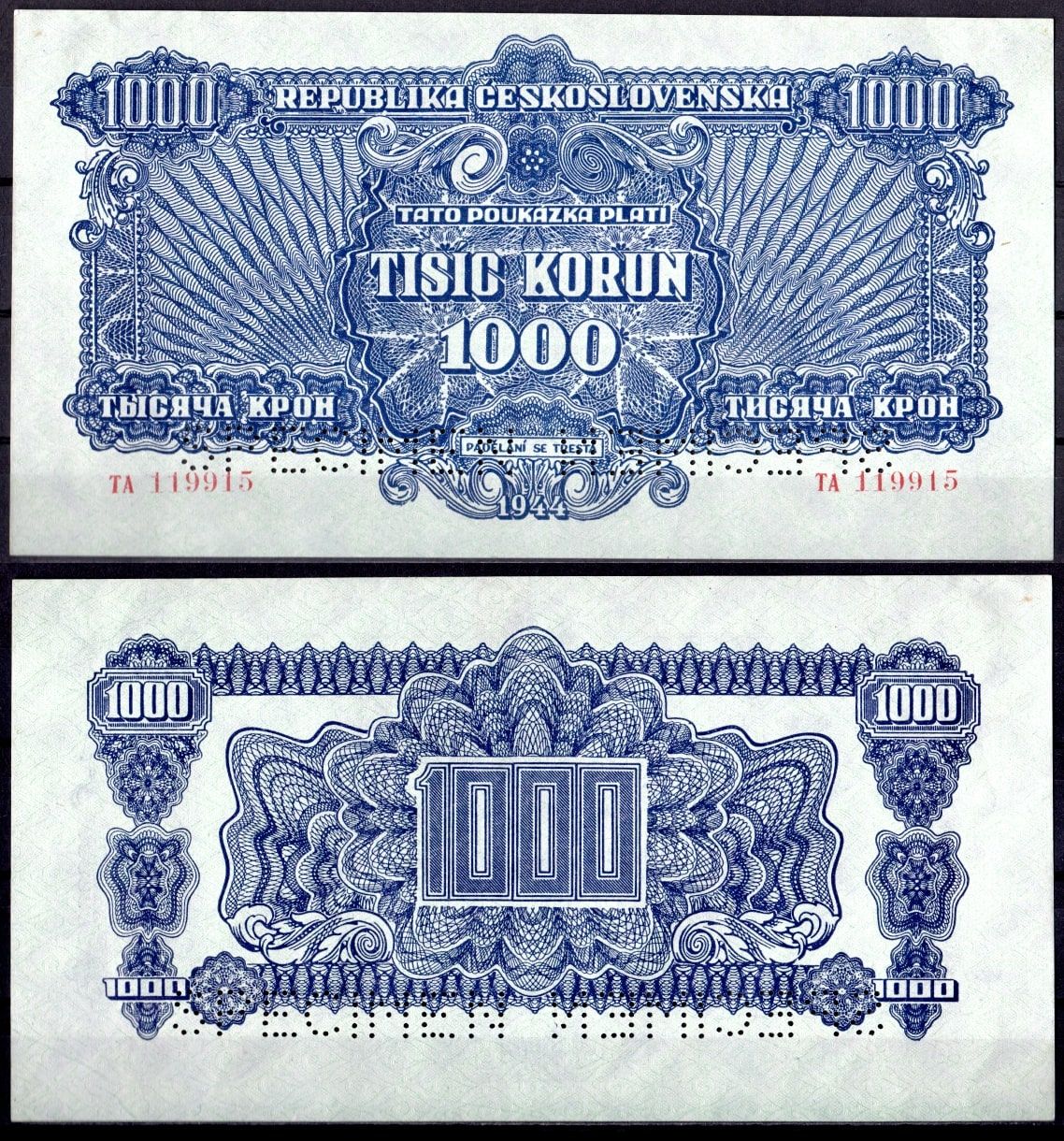 Чехословакия 1000 крон 1944 образец - SPECIMEN, перфорация Pick 50 a бумага aUNC 451-1078-2
