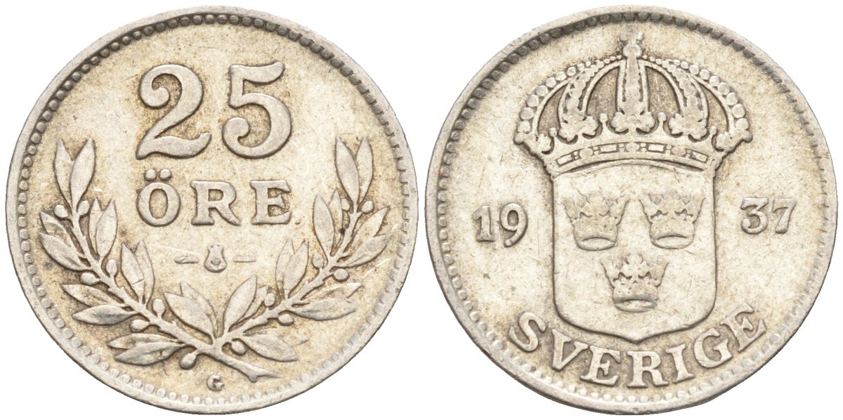 Швеция 25 эре 1937 G, Густав V (1907-1950) KM 785 серебро 4147-941