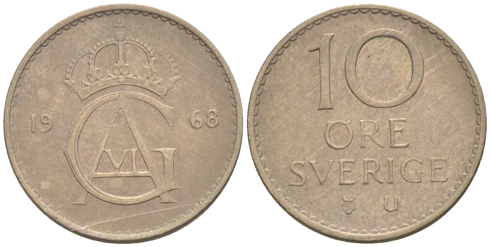 Швеция 10 эре 1968 Густав VI Адольф (1950-1973) KM 835 медно-никель UNC 187-821