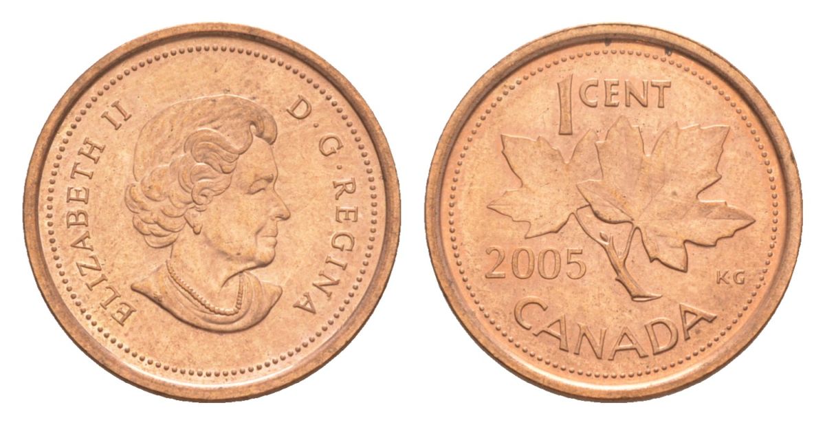 Канада 1 цент 2005 Елизавета II (1952-2022), кленовый лист KM 490 цинк плакированный медью UNC 4630-628