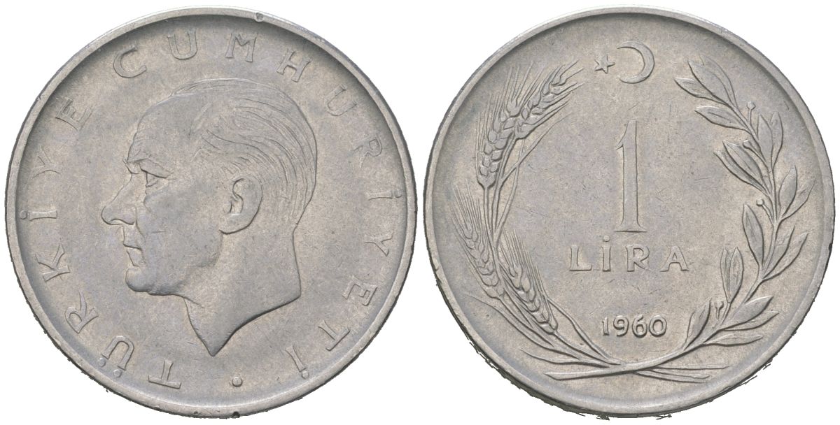 Турция 1 лира 1960 Мустафа Кемаль Ататюрк KM 889a.1 нержавеющая сталь 4584-435