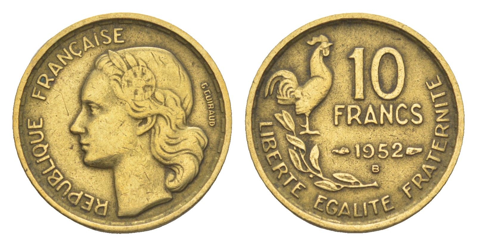 Франция 10 франков 1952 B KM 915 алюминиевая бронза 4174-929