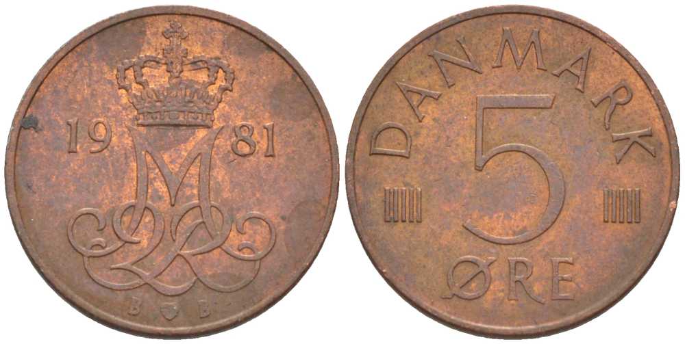ДАНИЯ 5 ЭРЕ 1981 B; B, МАРГРЕТЕ II (1972-) KM 859.2 железо плакированное медью 4392-742