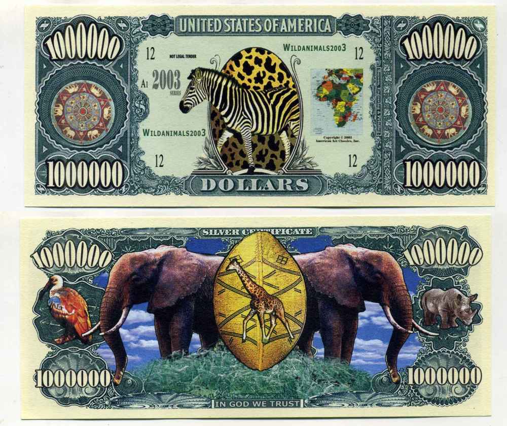 США 1000000 ДОЛЛАРОВ 2003 СУВЕНИРНАЯ БАНКНОТА, АФРИКАНСКАЯ ЗЕБРА бумага UNC (ПРЕСС) 8588-21-2-2