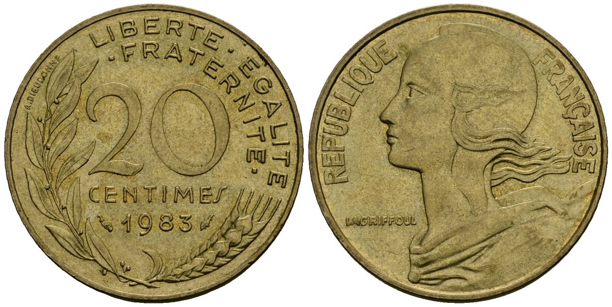 Франция 20 сантимов 1983 тип Marianne KM 930 медь алюминий никель 4135-617