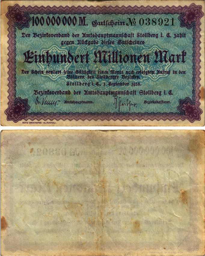 ШТОЛЬБЕРГ 100000000 МАРОК 1923 НОТГЕЛЬД, 1 СЕНТЯБРЯ 1923, ЗЕМЛЯ САКСОНИЯ-АНХАЛЬТ бумага 6318-32-3-2