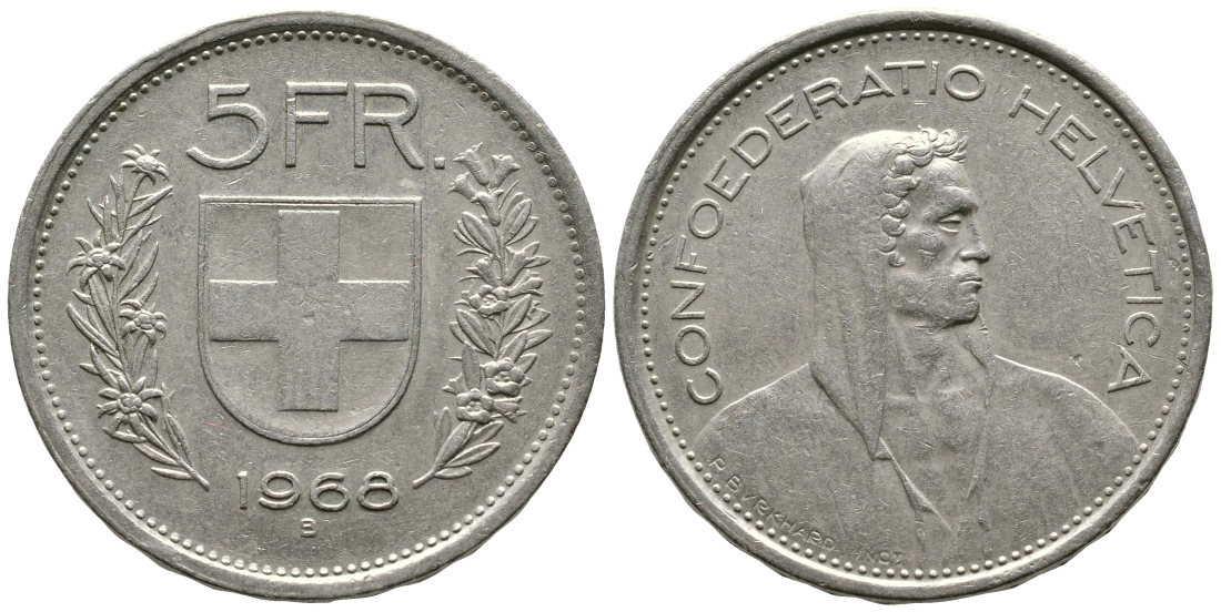 Швейцария 5 франков 1968 В, первый год KM 40а.1 медно-никель 4607-1033