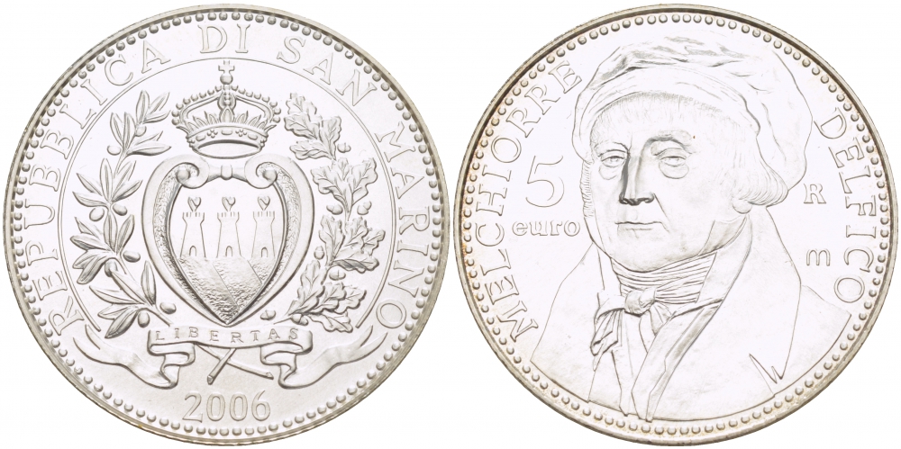 Сан-Марино 5 евро 2006 R, Мельхиоре Дельфико KM 472 серебро UNC 1085-2-54